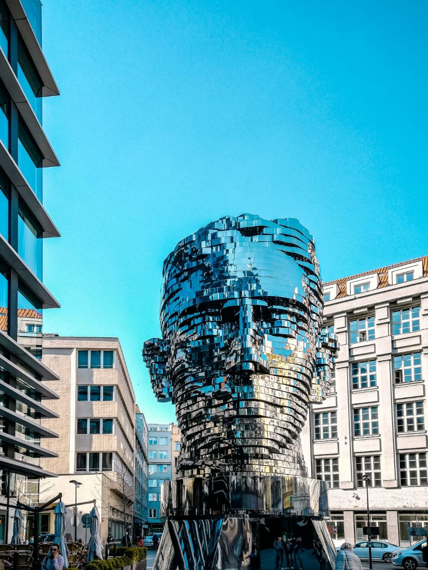 Moving statue of Franz Kafka in Prague, Czech republic