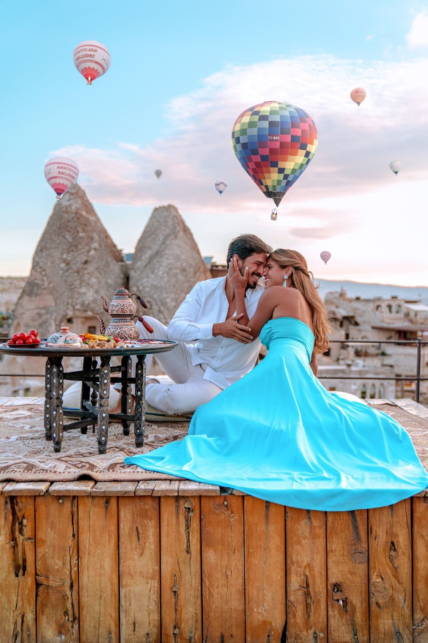 Couple with Hot Air Balloons Background